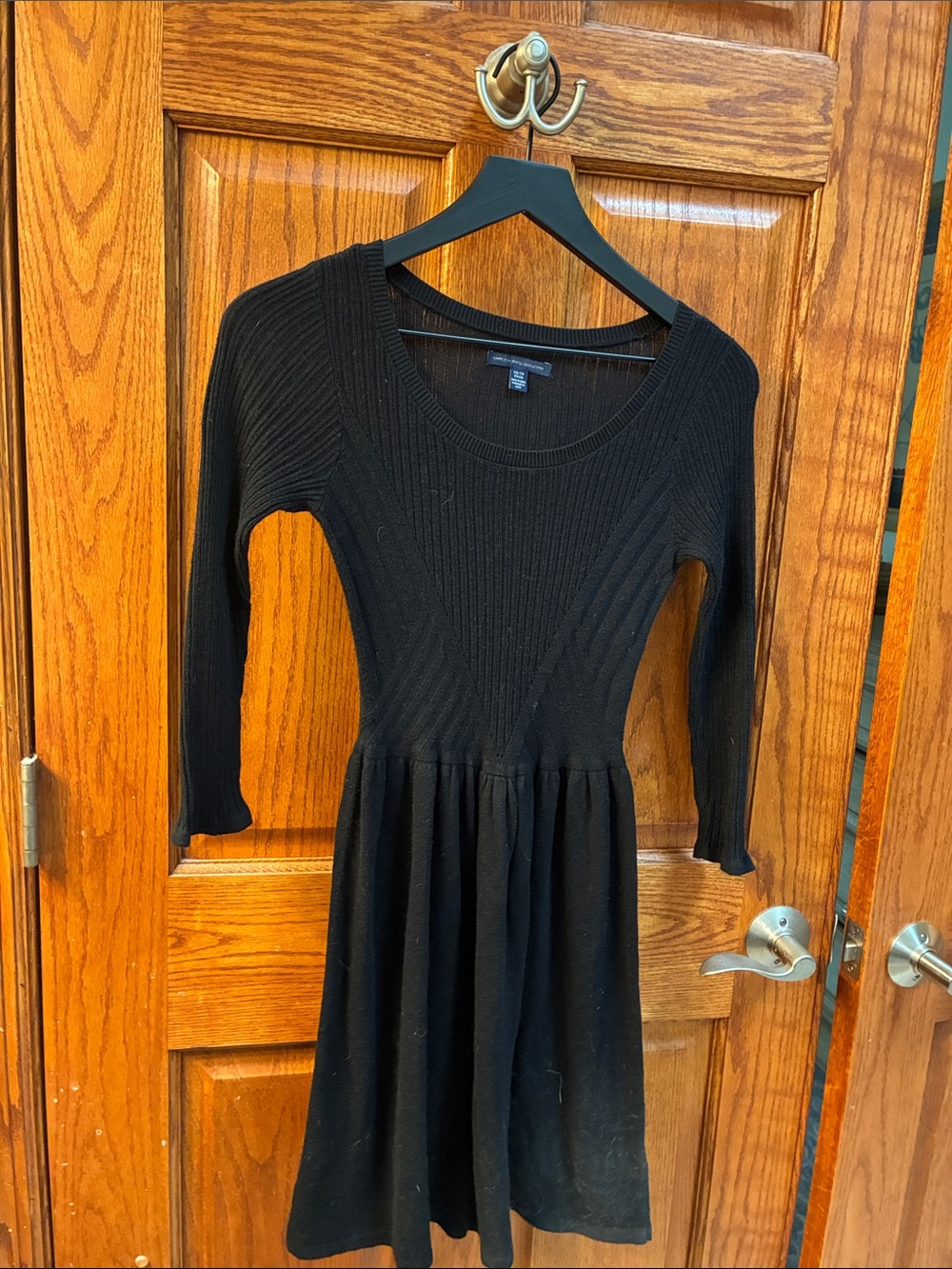 American Eagle Outfitters Black Long-Sleeve Ribbed Fit-and-Flare Dress, size XS